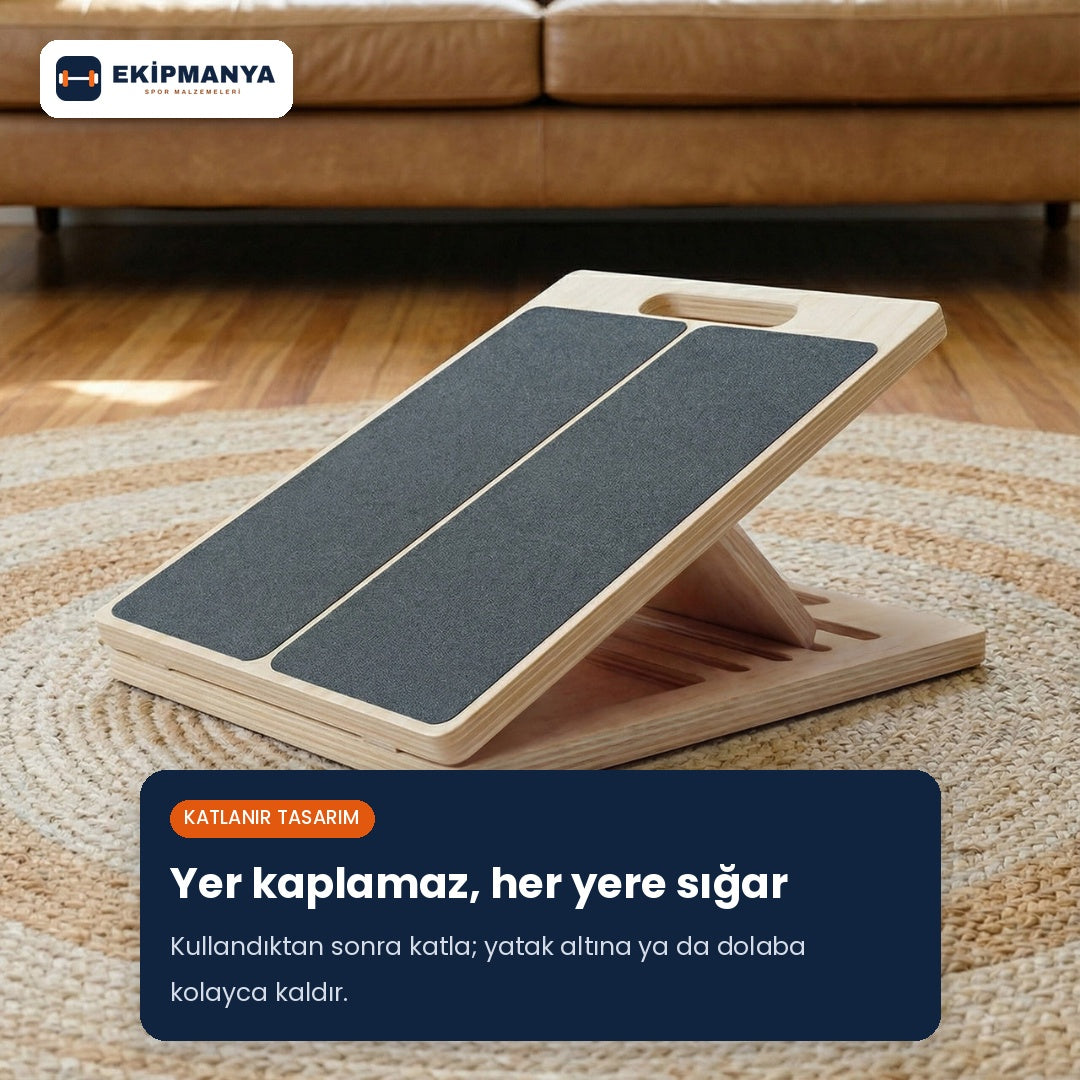 Ekipmanya Eğim Pro – Ayarlanabilir Ahşap Esneme Tahtası | Baldır ve Aşil Germe Rampası