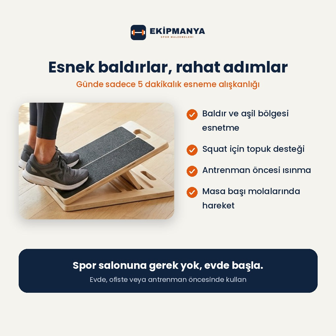 Ekipmanya Eğim Pro – Ayarlanabilir Ahşap Esneme Tahtası | Baldır ve Aşil Germe Rampası