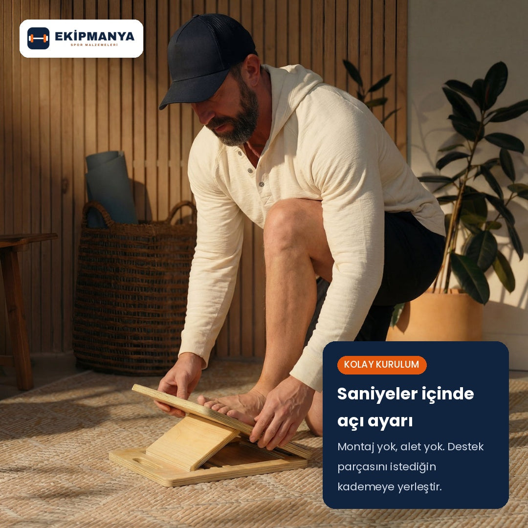Ekipmanya Eğim Pro – Ayarlanabilir Ahşap Esneme Tahtası | Baldır ve Aşil Germe Rampası